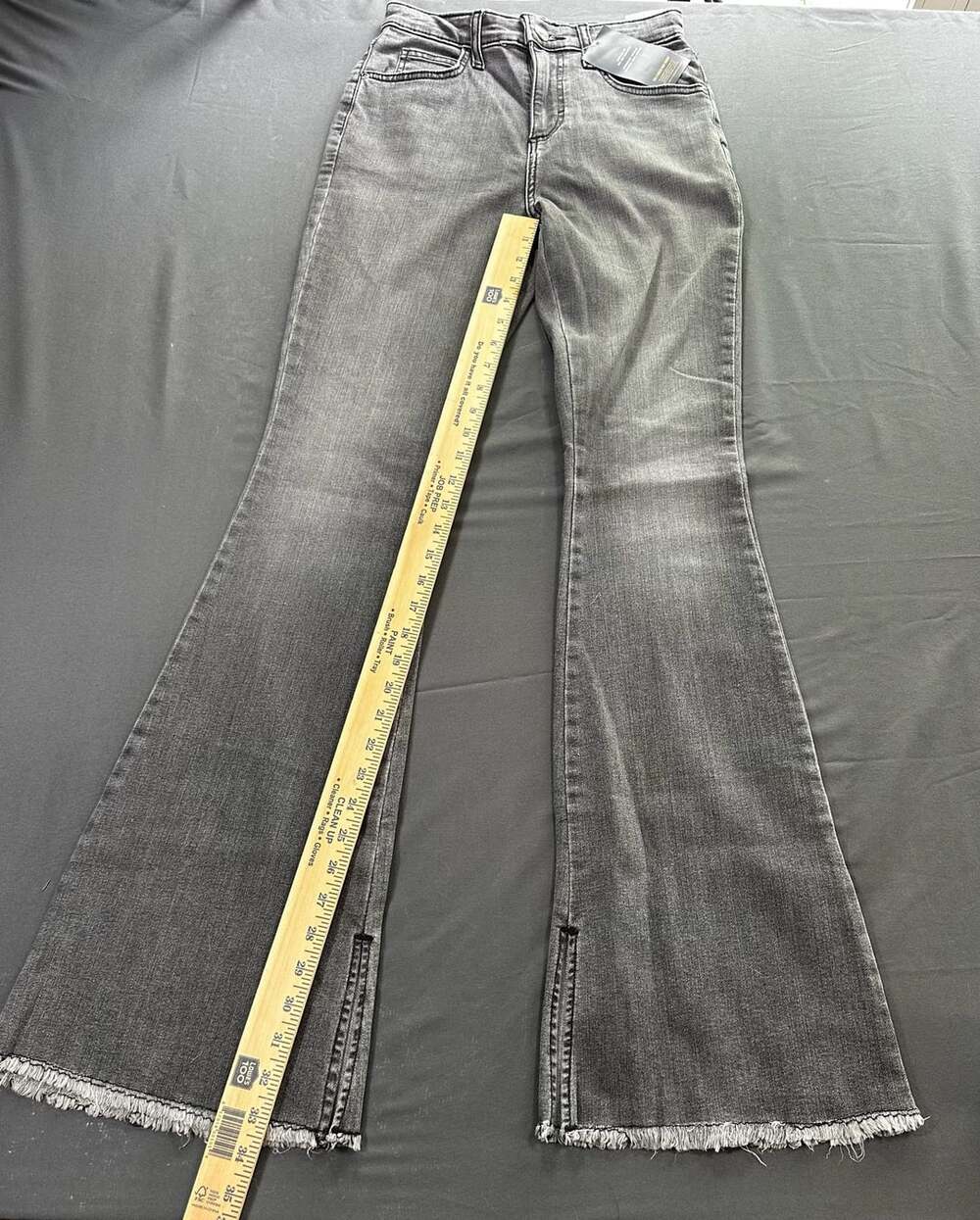 Lee Women’s High Rise Flare Jeans Gray Raw Hem Ankle Slit Stretch Size 6